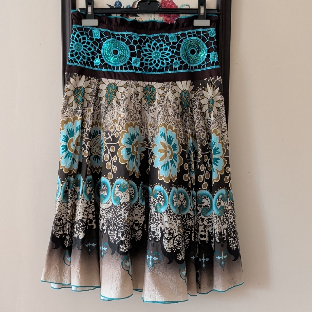 Floral Tiered Midi Skirt in Teal and Brown